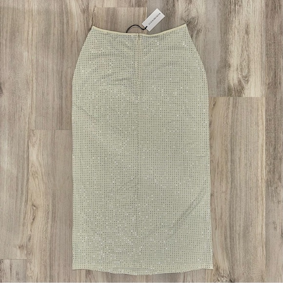 NWT WeWoreWhat Ivory Crystal Midi Skirt All-Over Rhinestone Nylon Stretch Size L - Picture 5 of 11